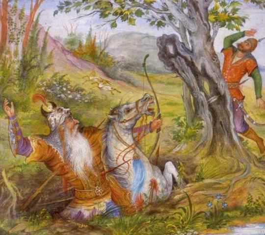 یک نقاشی که در آن داستان « رستم و شغاد » را به تصویر کشیده شده است . رستم پس از افتادن در دام شغاد ، او را با تیر  به درخت می دوزد .