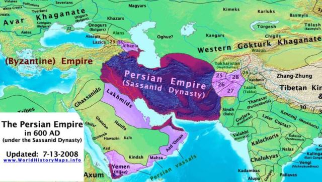 نقشه ای که قلمرو شاهنشاهی ساسانی و امپراتوری بیزانس در سده ی ششم میلادی را نشان می دهد .