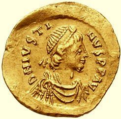 سکه ای از ژوستن ( یوستینوس یکم ) معاصر  قباد ، شاهنشاه ساسانی